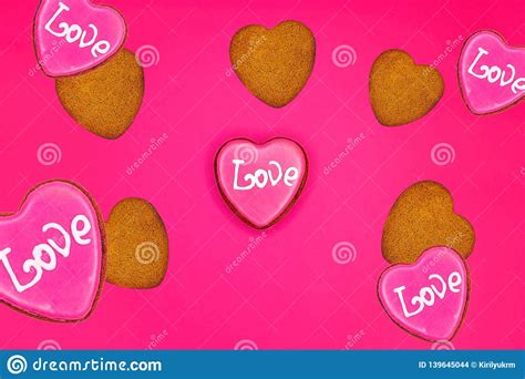 Composition With Decorated Heart Shaped Cookies On Color Background