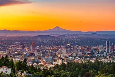 Portland Oregon Usa Downtown Skyline With Mt Hood Stock Photo