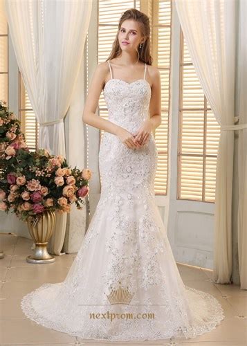 White Lace Spaghetti Strap Sheath Mermaid Wedding Dress With Open Back