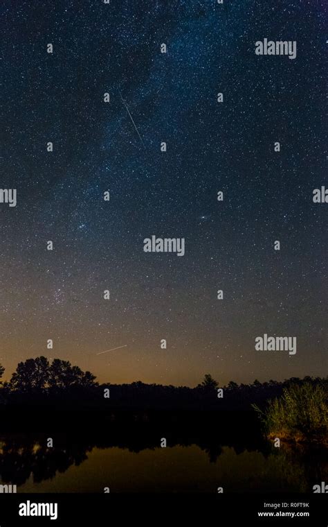 Blue Dark Night Sky With Many Stars Above Field Of Trees Park