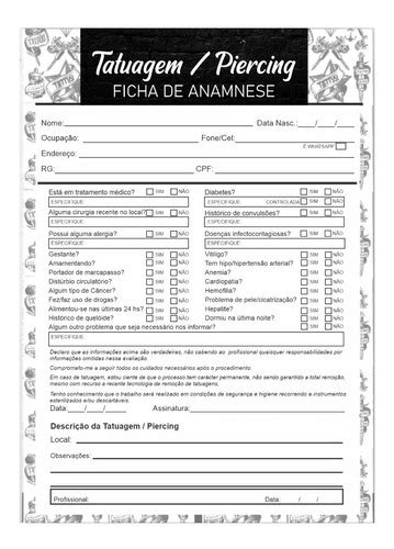 Bloco Ficha De Anamnese Tattoo E Piercing Cliente 100 Folhas