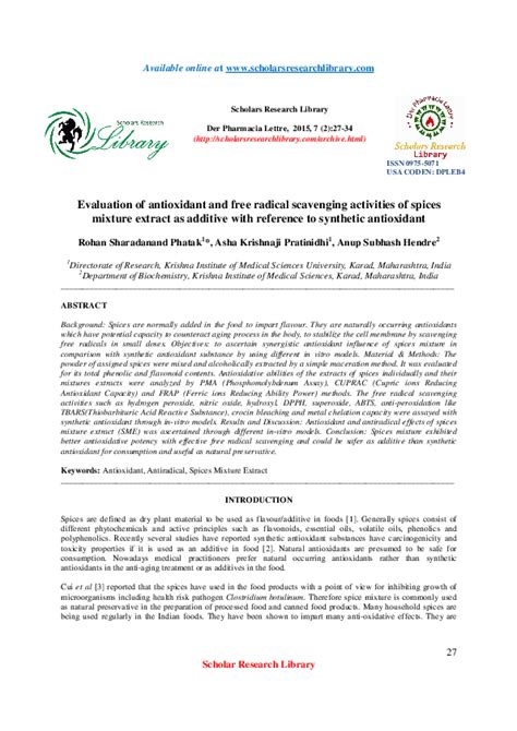 Pdf Evaluation Of Antioxidant And Free Radical Scavenging Activities