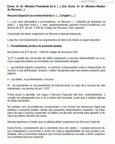 Modelo De Termo De Peti O Efeito Suspensivo A Recurso Especial