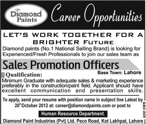 Diamond Paints Requires Sales Promotion Officer In Lahore Jang On 14