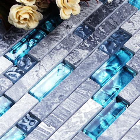 Grey Marble Stone Sea Blue Glass Mosaic Wall Floor Tile For Kitchen Backsplash Bathroom