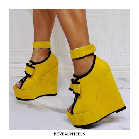 Lib Peep Toe Ankle Buckle Straps Ribbon Platforms Wedges Yellow In