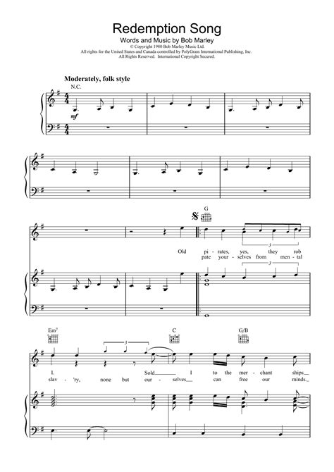 Bob Marley "Redemption Song" Sheet Music for Ukulele Chords/Lyrics ...