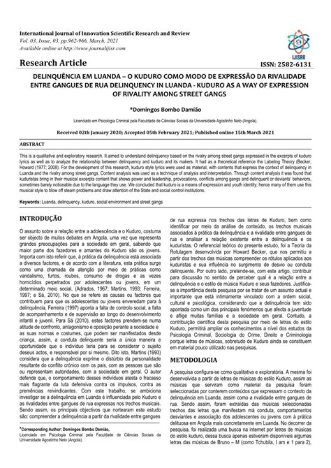 PDF DELINQUÊNCIA EM LUANDA O KUDURO COMO MODO DE EXPRESSÃO DA