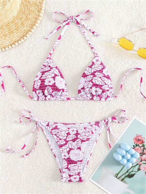 Floral Print Bikini Set Smocked Halter Triangle Bra Tie Side Bottom Pieces Bikini Summer