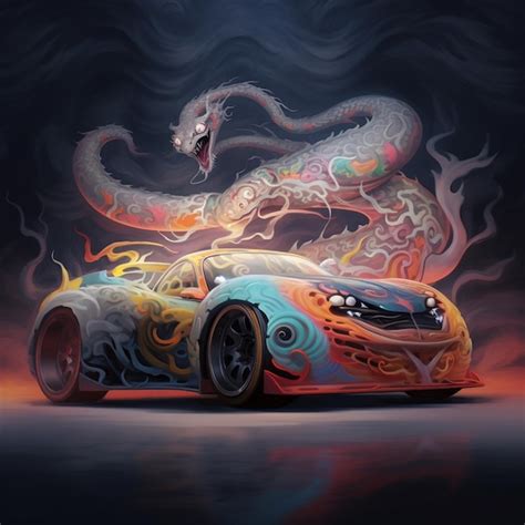 Premium Ai Image Brightly Colored Car With A Dragon On The Hood