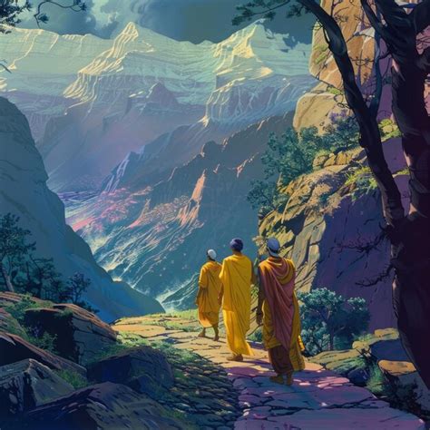 Premium Photo Digital Painting Of Monks Walking In The Mountains In