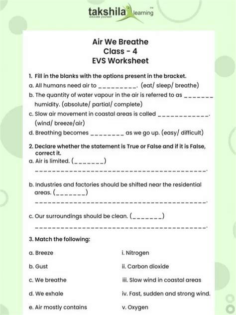 Air We Breathe Free Evs Worksheet For Cbse Class With Answers Nd