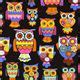 Black Designer Fabric With Colourful Embellished Owls Fabric By