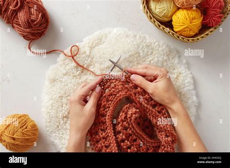 Woman Hands Knitting Scarf With Needles And Yarn Stock Photo Alamy