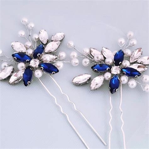 Blue Sapphire Bridal Hair Pin Set Wedding Pearl Hair Piece Etsy