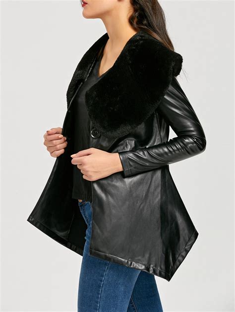 61 Off Faux Fur Collar Asymmetric Pu Leather Coat Rosegal