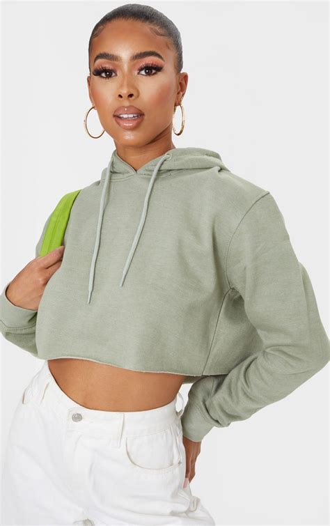 Sage Green Cropped Hoodie Tops Prettylittlething Il