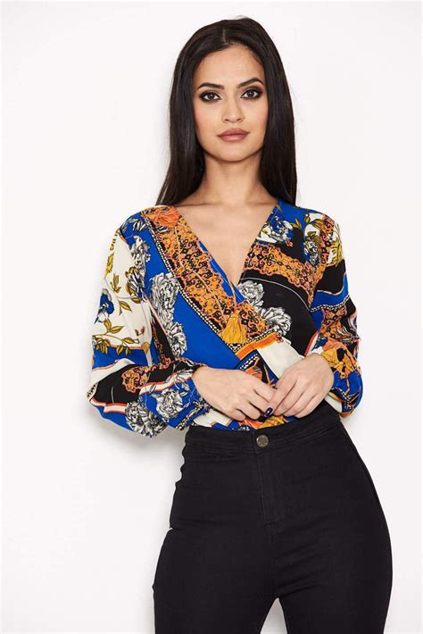 Blue Printed Wrap Bodysuit Ax Paris Eu