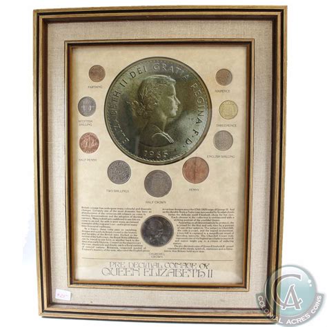 Great Britain Pre Decimal Coinage Of Queen Elizabeth Ii Collection In Wood Frame This 10 Coin Set