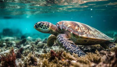 Green Sea Turtle Swimming In Multi Colored Coral Reef Underwater