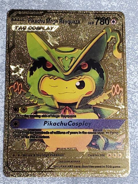 RARE Pikachu Mega Rayquaza Tag Cosplay Gold Foil Pokemon Card Fan Art