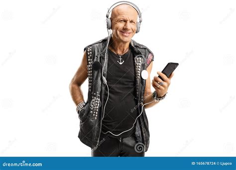 Bald Guy Listening To Rock Music On Headphones Stock Photo Image Of