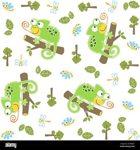 Vector Cartoon Seamless Pattern Of Cute Chameleon Hunting Dragonfly In