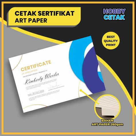 Jual Cetak Sertifi Kat Sertipikat Bahan Art Paper 260 Gsm Ukuran A4