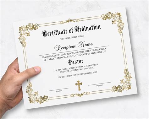 Pastor Ordination Certificate Template Editable Certificate Of