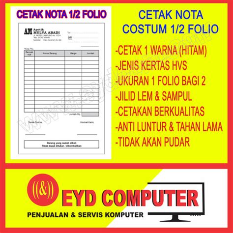 Jual Cetak Nota Ply Folio Bagi Hvs Costum Isi Tanpa Rangkap Cek