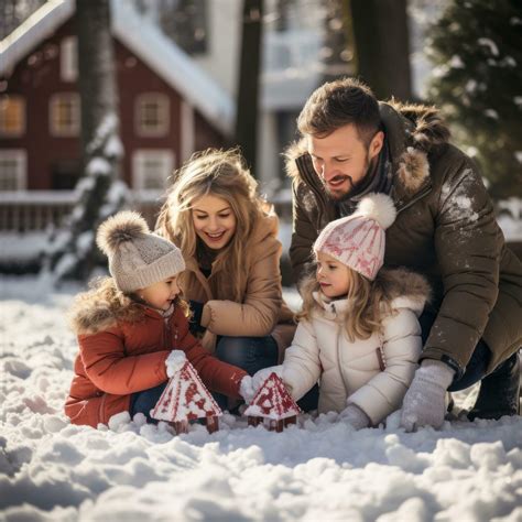 Happy family building snowman in front of their home 30049505 Stock ...