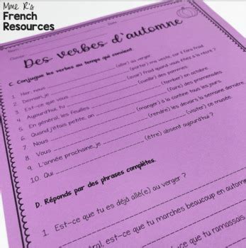 French Fall Verb Worksheets Verbes D Automne By Mme R S French Resources