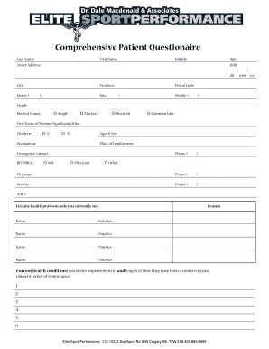 Fillable Online Comprehensive Patient Questionaire Elite Sport