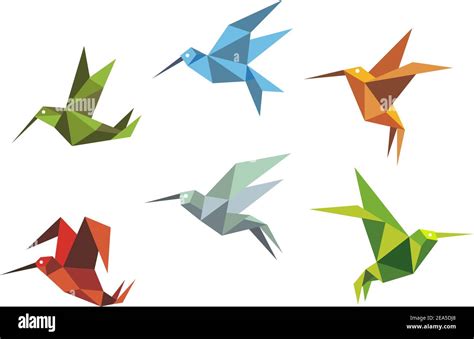 Colorful Flying Hummingbirds In Origami Style Isolated On White