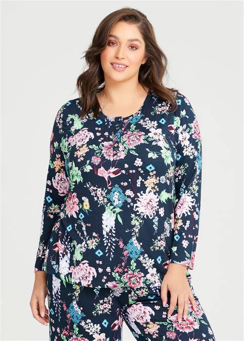 Shop Plus Size Bamboo Crane Print Pyjama Top In Multi Taking Shape Au