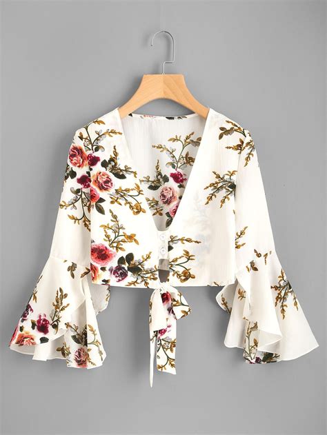 Romwe Romwe Plunging V Neckline Floral Print Random Knot Top