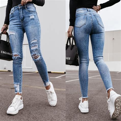 Moda İnce Yırtık Denim Kalem Pantolon Kadın Rahat Düz Renk Uzun Kot