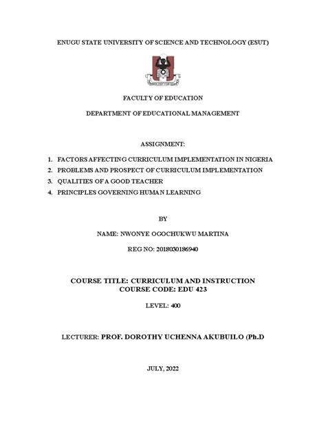 Curriculum Implementation IN Nigeria ENUGU STATE UNIVERSITY OF