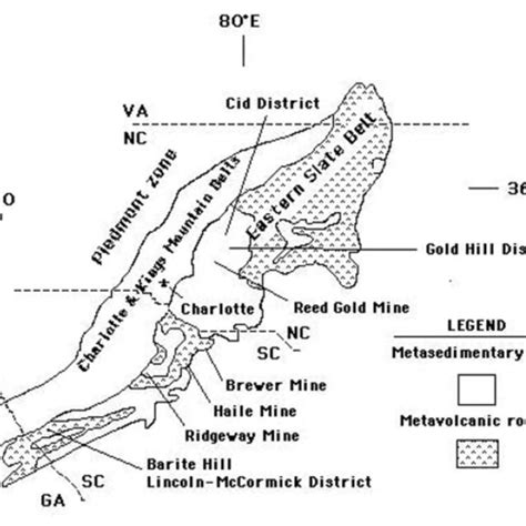 Gold mining districts of North Carolina and South Carolina. Locations ...