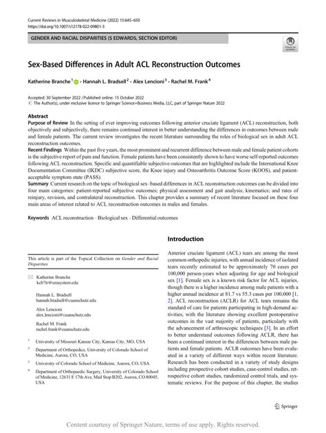 Sex Based Differences In Adult Acl Reconstruction Outcomes Request Pdf