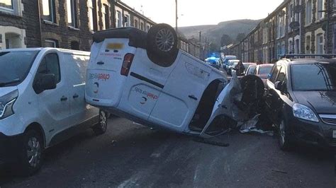 Pentre Van Lands On Roof After Crash On Terraced Street Bbc News