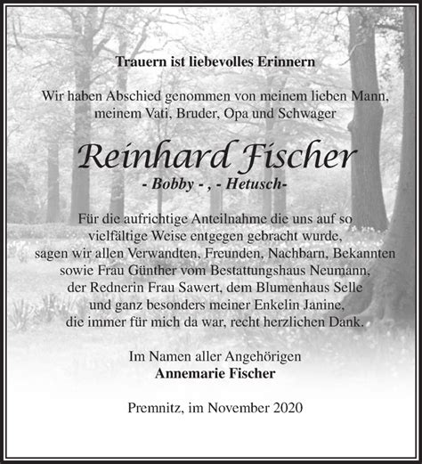 Traueranzeigen Von Reinhard Fischer M Rkische Onlinezeitung Trauerportal