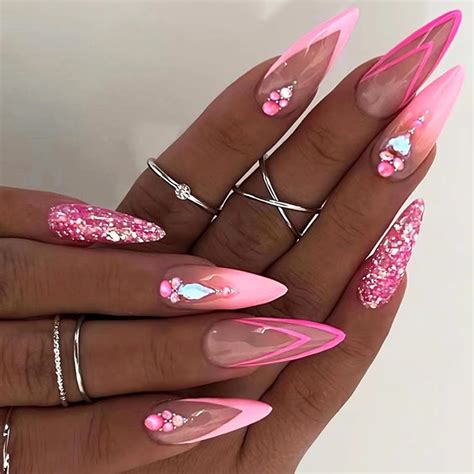 Amazon Pcs Hot Pink Press On Nails Almond Medium Bhlfrh Cute