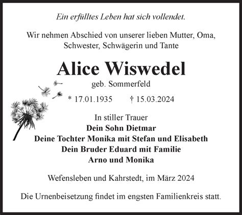 Traueranzeigen Von Alice Wiswedel Abschied Nehmen De