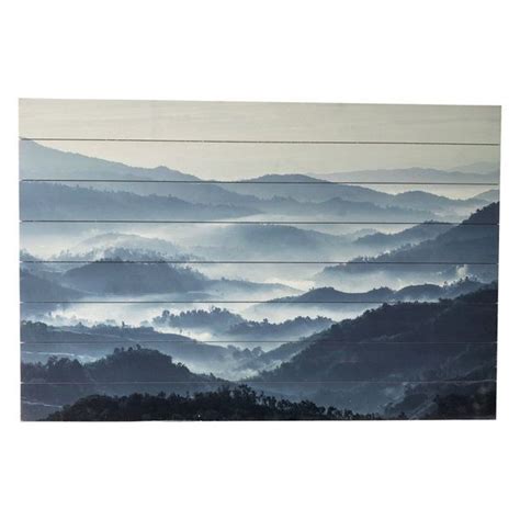 Mysteriously Misty Blue Mountains Wood Plank Wall Art Contemporary