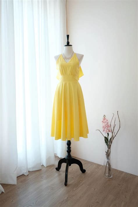 Lemon Yellow Bridesmaid Dress Backless Halter Mid Length Party Prom