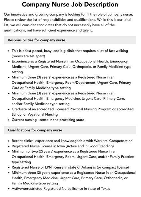 Company Nurse Job Description Velvet Jobs