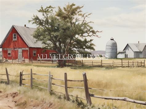 Farm and Red Barn Oil Painting, Instant Download, Printable Art, Vintage Style Wall Decor ...