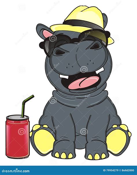 Hippo in Hat and Sunglasses with Drink Stock Illustration