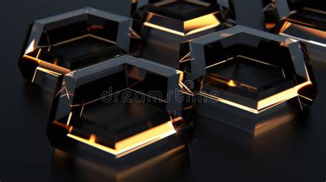 3D Rendering Of Glossy Black Hexagonal Tiles With Orange Glowing Edges